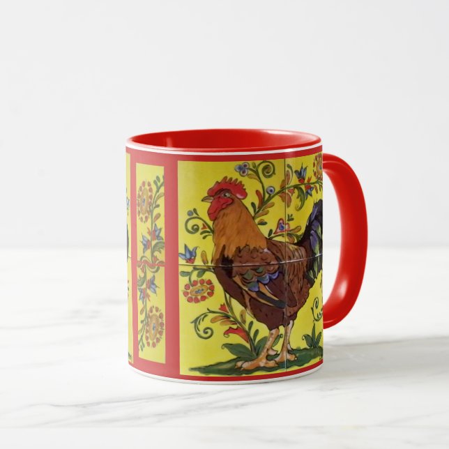 Taza Rojo Rooster Chicken Folk Art Mug Floral Amarilla (Anverso derecho)