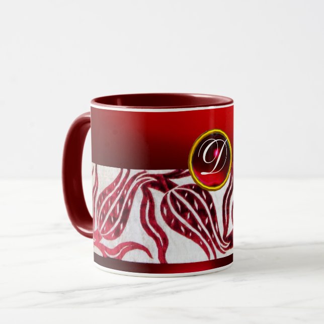 Taza ROJO VELVET DAMASK TULIP MONOGRAM Borgoña Blanco (Anverso izquierdo)