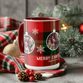 Taza Rojo Verde Cuadros Búfalo Check Foto Navidad
