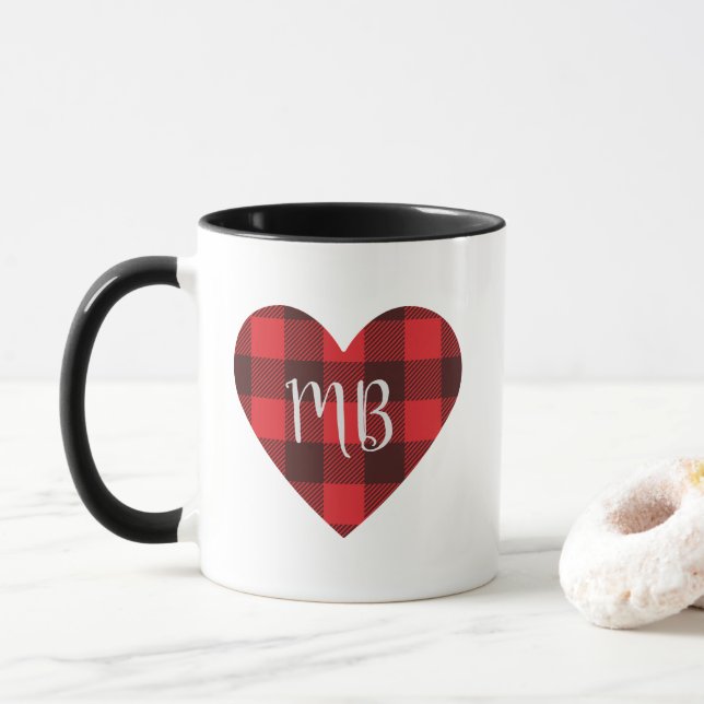 Taza Rojo y negro manchas de búfalo/revisar el corazón  (Con donut)