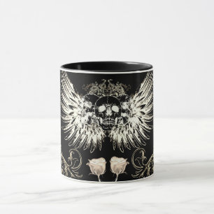 Taza Romance Gótico Victoriano Cráneo Alas y Rosas Blan