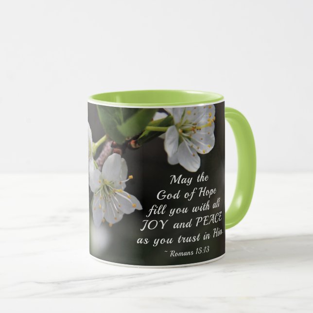 Taza Romanos 15:13 Flores blancas de Dios de la Esperan (Anverso derecho)