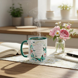 Taza Romanos 8:28 Flores y mariposas 