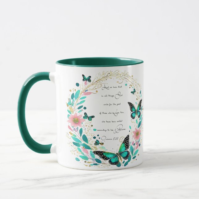 Taza Romanos 8:28 Flores y mariposas (Izquierda)