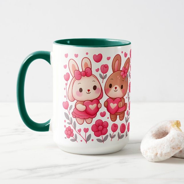 Taza Romantic Bunny Couple Heart Ceramic Mug (Con donut)