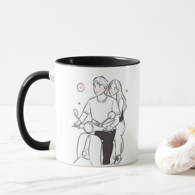 Taza Romantic Couple on Scooter – Cute Minimalist Love  (Con donut)