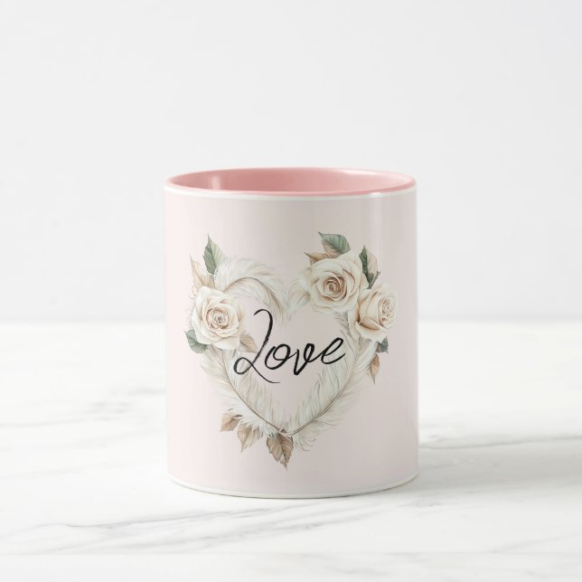 Taza Romantic Cream Blush Roses Feathers Floral Heart (Centro)