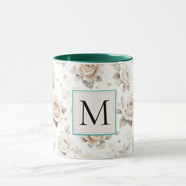 Taza Romantic Cream Rose Floral Monogram (Centro)