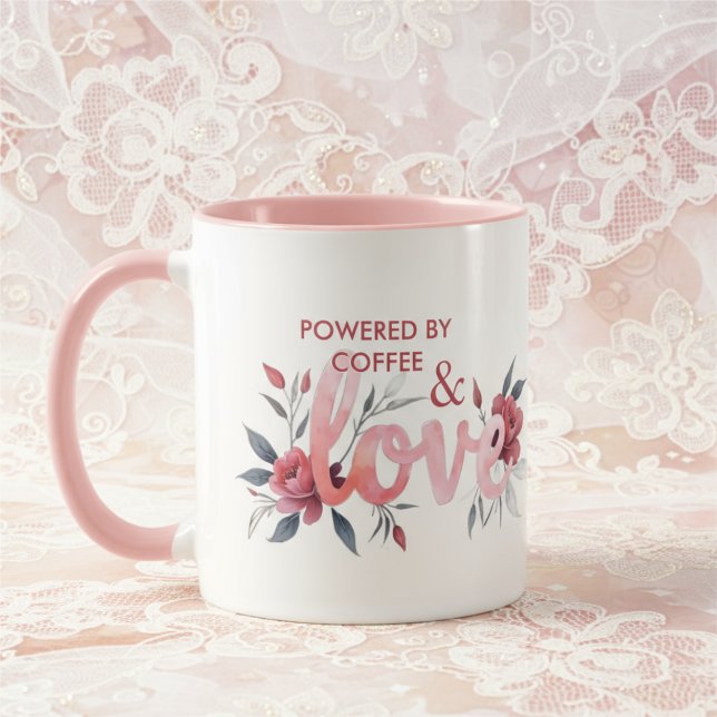 Taza Romantic Pink Floral Botanical Love Coffee (Floral Pink Botanical Coffee Mug Featuring Love Design and Powered by Coffee and Love Phrase. )