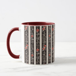 Taza Romantic Red Roses Floral Cream Black Stripes