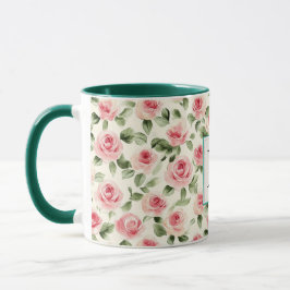 Taza Romantic Teal Blush Pink Roses Floral Monogram