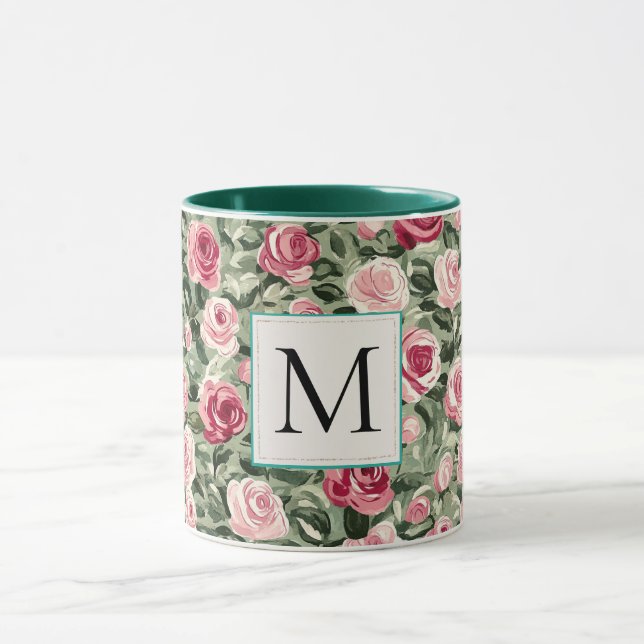 Taza Romantic Teal Green Pink Roses Floral Monogram (Centro)
