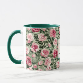 Taza Romantic Teal Green Pink Roses Floral Monogram