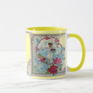 TAZA ROMÁNTICA, ROSAS AZULES DE FLORES ROJOS CON DOLOR