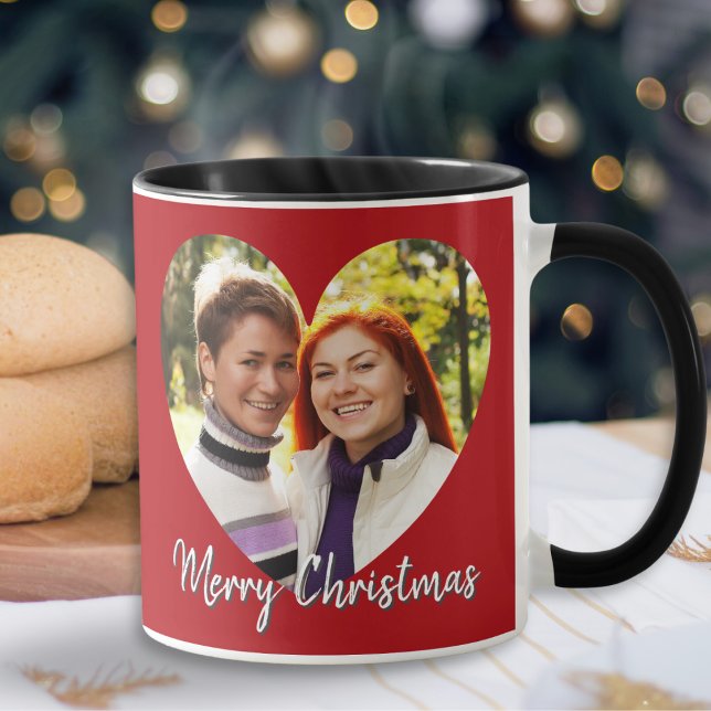 Taza Romántico moderno adorable corazón Feliz Navidad F (A Christmas mug, with your chosen photo displayed in a heart shape, and your own message on the back)