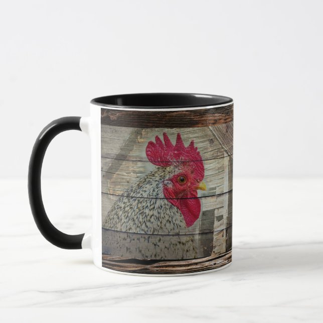 Taza Rooster Rustic Chicken Coop Barn Board Mug (Izquierda)