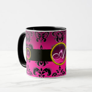 TAZA ROPA NEGRA FUCHSIA DAMASK GEMSTONE MONOGRAM