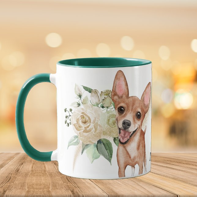 Taza Rosa Blanca Bouquet Happy Chihuahua Dog (Subido por el creador)