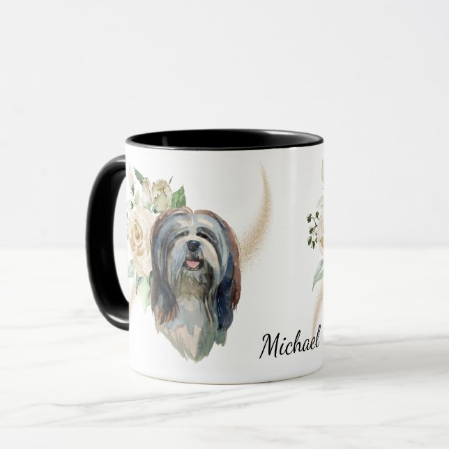 Taza Rosa Blanca Bouquet Lhasa Perro Apso (Anverso izquierdo)