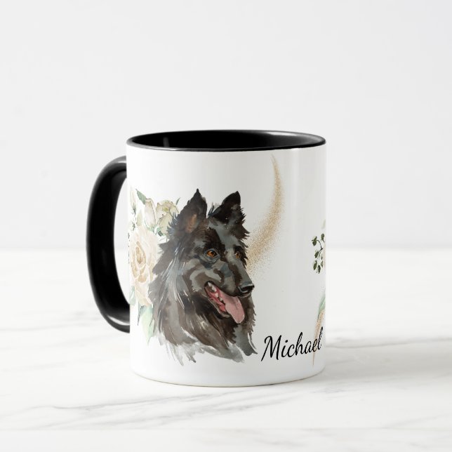 Taza Rosa Blanca Bouquet Perro belga Tervuren (Anverso izquierdo)