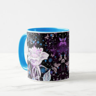 Taza Rosa Blanca purpurina y mariposas café Mug