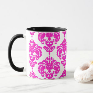 Taza Rosa Caliente y Blanco Patrón de Damasco Elegante