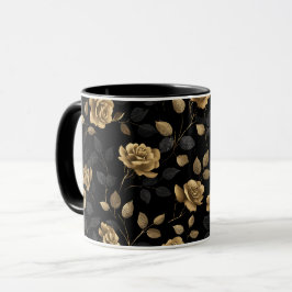 Taza Rosa con acento de oro elegante patrón floral negr