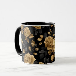 Taza Rosa con acento de oro elegante patrón floral negr