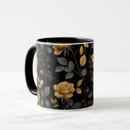 Taza Rosa con acento de oro elegante patrón floral negr