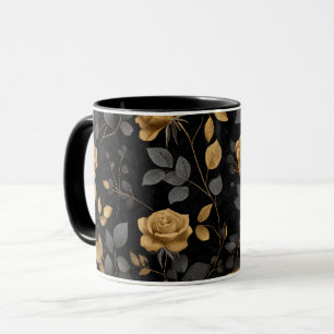 Taza Rosa con acento de oro elegante patrón floral negr