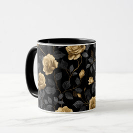 Taza Rosa con acento de oro elegante patrón floral negr
