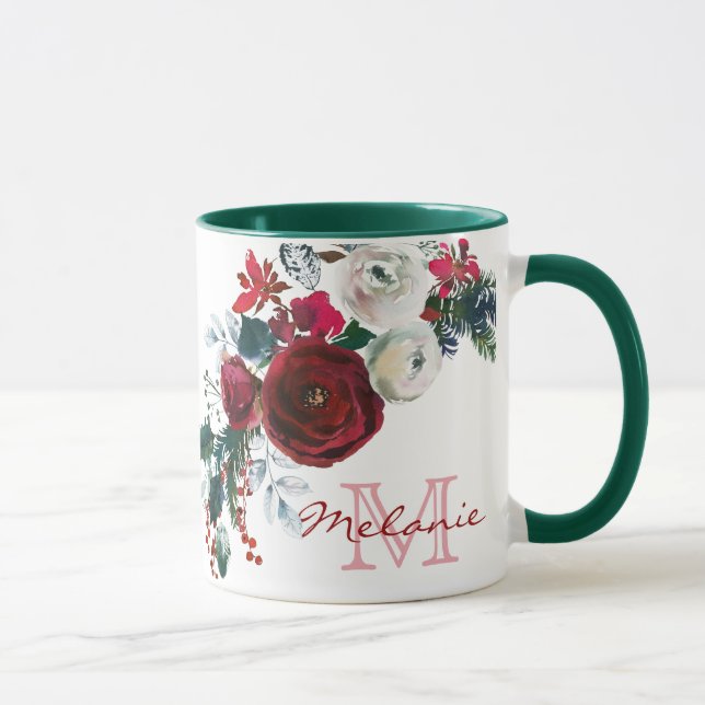 Taza Rosa de invierno Borgoña Floral Pine Bouquet Monog (Derecha)