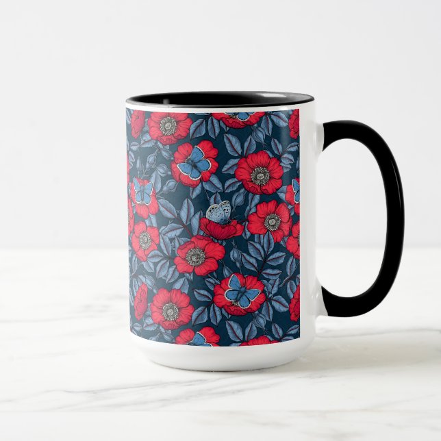 Taza Rosa de perro y mariposas en azul y rojo (Derecha)