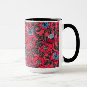 Taza Rosa de perro y mariposas en rojo y azul