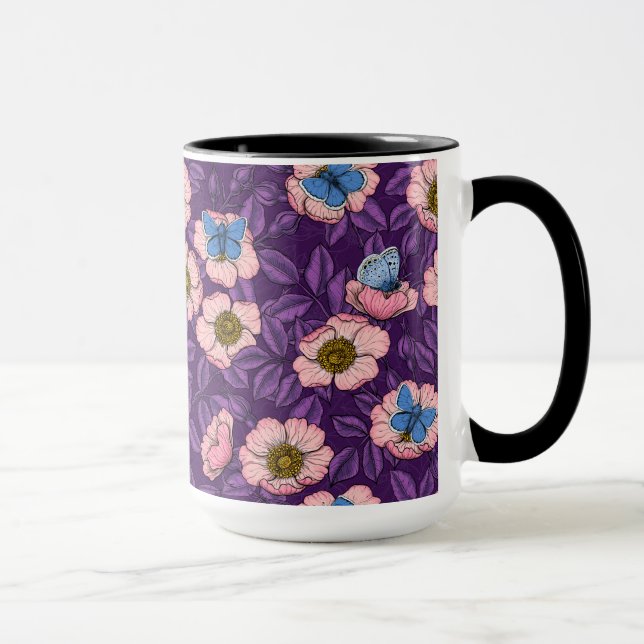 Taza Rosa de perro y mariposas en rosa y púrpura (Derecha)
