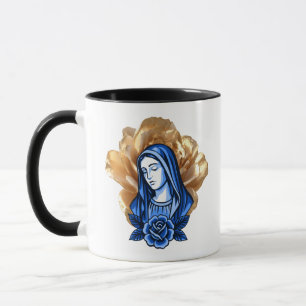 Taza Rosa Dorada Madre María Azul Regalo Católico Crist