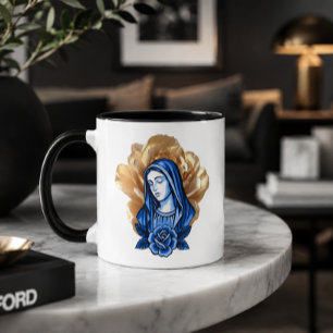 Taza Rosa Dorada Madre María Azul Regalo Católico Crist