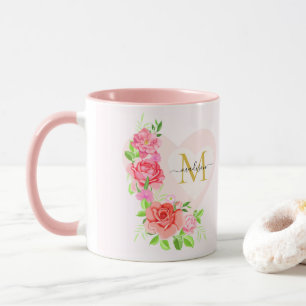 Taza Rosa floral monograma inicial con acuarela rosa