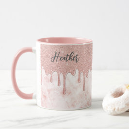 Taza Rosa Girly Purpurina de goteo de oro Monograma Mug