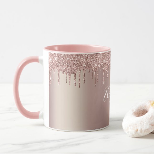 Taza Rosa Monograma Oro Purpurina de goteo rosado Café (Con donut)