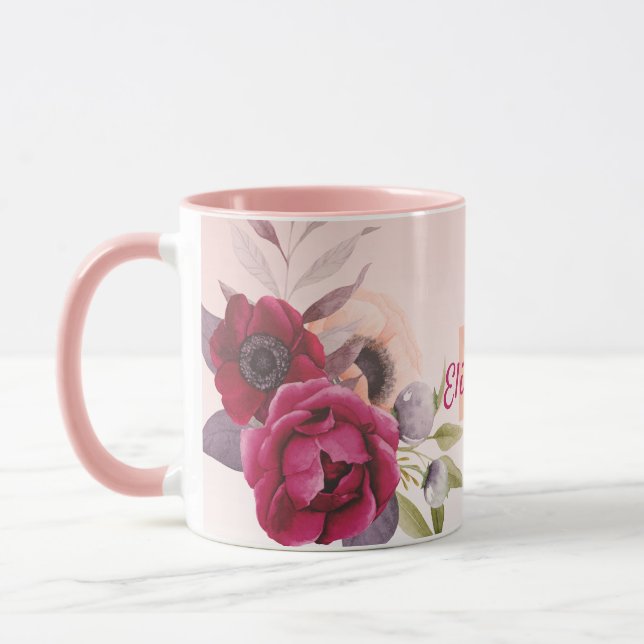 Taza Rosa oro burgundy flores románticas monograma (Izquierda)