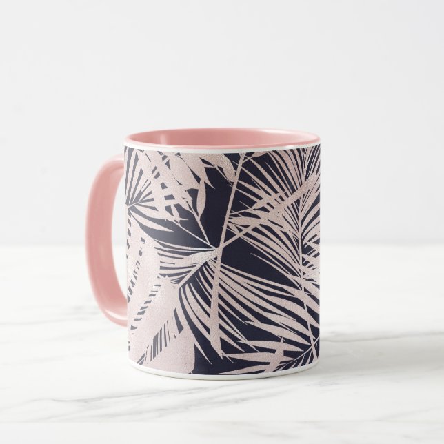 Taza Rosa Oro Hojas de Palmeras Tropicales Oscuras (Anverso izquierdo)