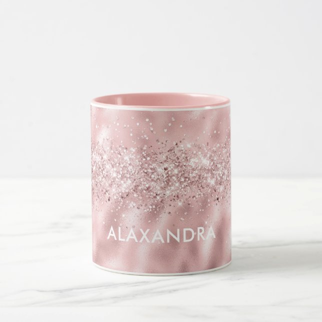 Taza Rosa Purpurina de oro Moda de nombre personalizado (Centro)