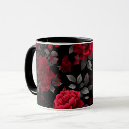 Taza Rosa Roja Profunda Elegante Patrón Floral Negro