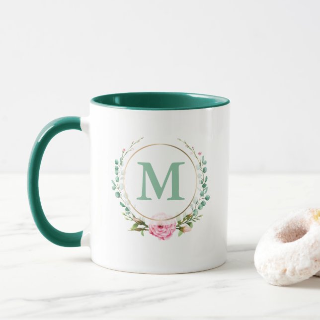 Taza Rosa rosa rosa rosado monograma floral elegante (Con donut)