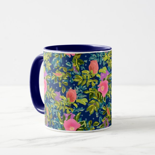 Taza Rosa salvaje, fondo azul, rosa salvaje, rosas, ros (Anverso izquierdo)