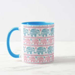 Taza Rosa y modelo étnico verde azulado del elefante