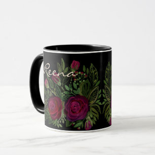 Taza Rosas acuarela sobre fondo negro, acuarela