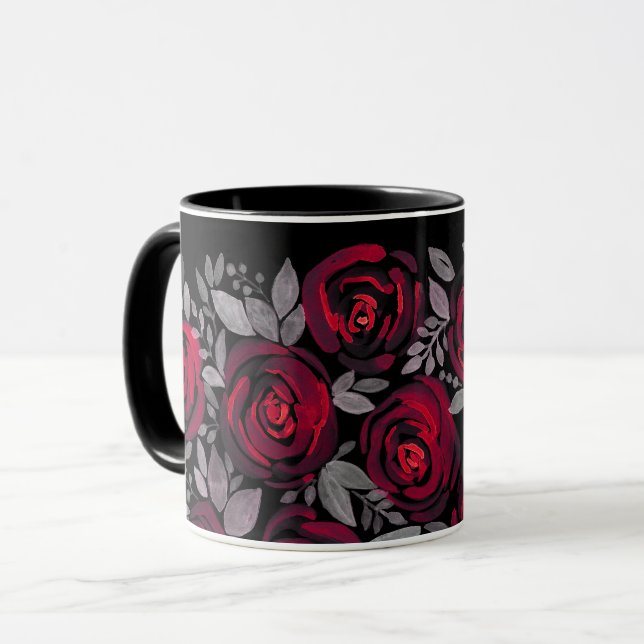 Taza Rosas acuarelas, rosas rojas sobre negro (Anverso izquierdo)