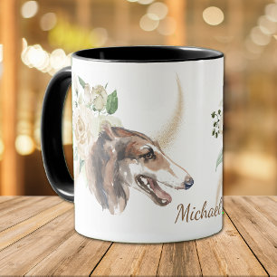 Taza Rosas blancas Bouquet Borzoi Perro